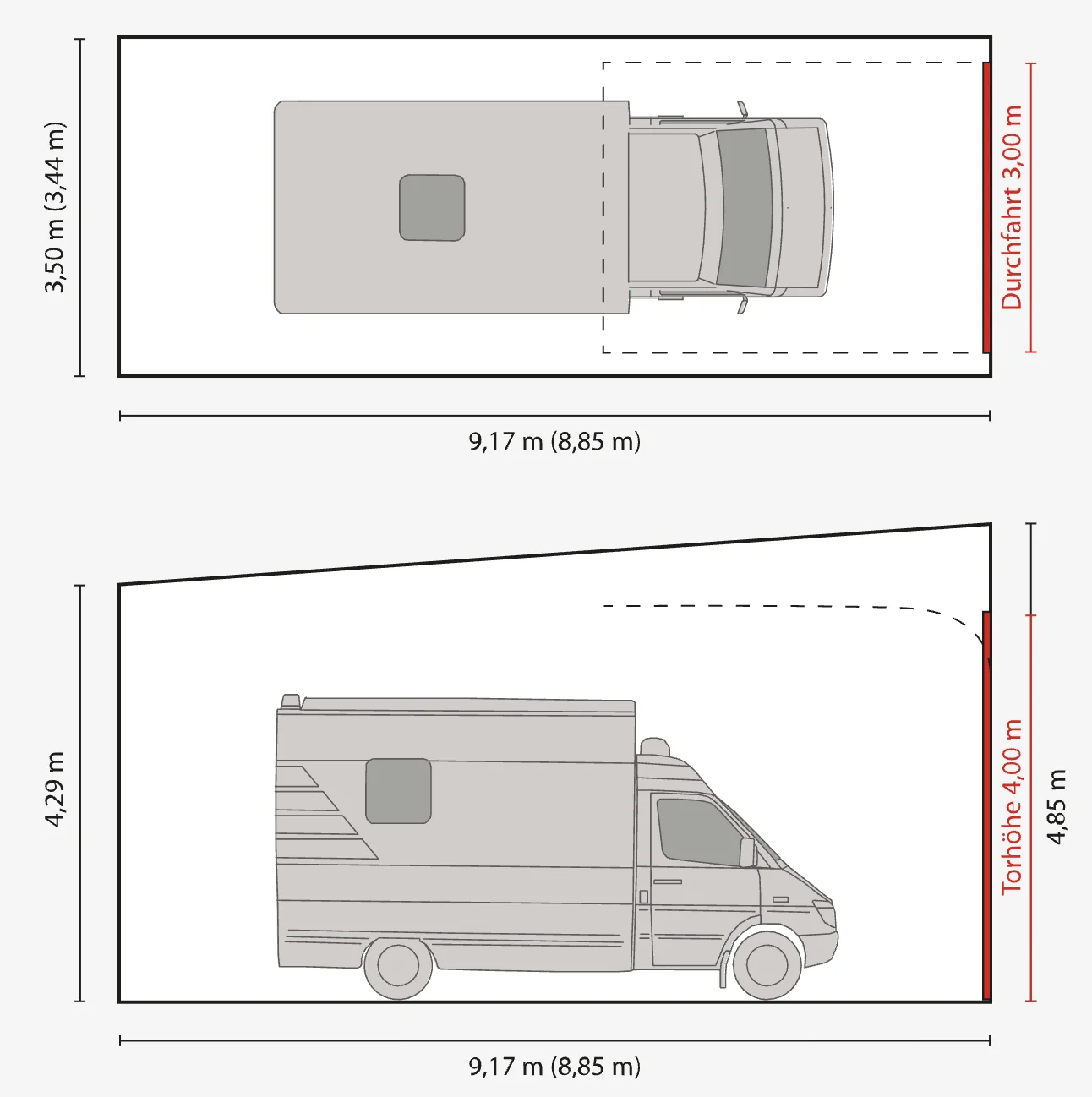 Maßskizze Garage Typ XL: ca. 9,17 m Tiefe, 3,50 m Breite, Torhöhe ca. 4,00 m